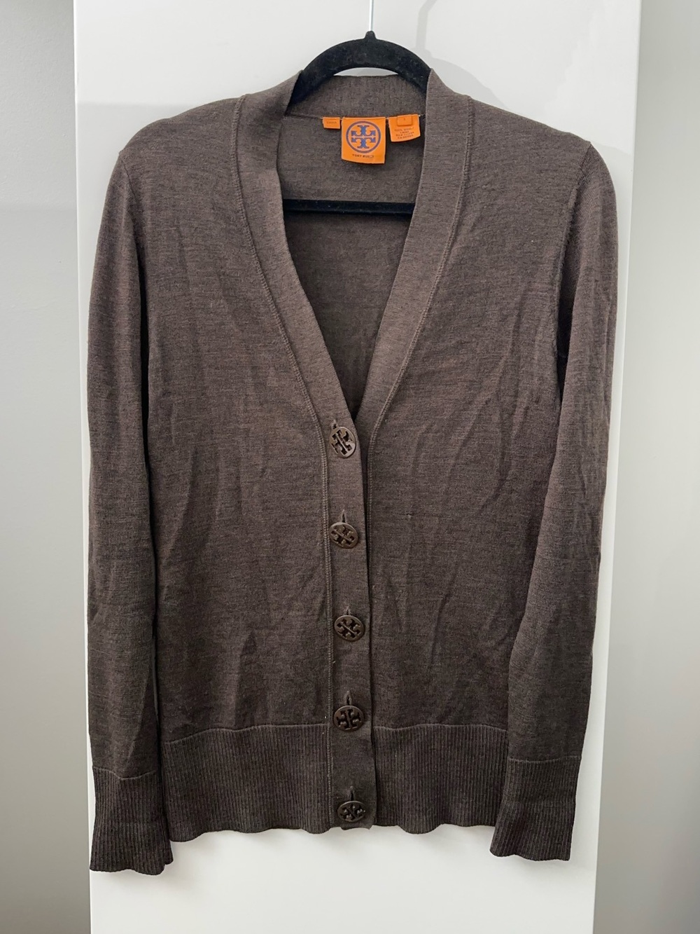 Tory Burch Chocolate Brown 100% Wool Logo Button Cardigan Preppy Quiet Luxury